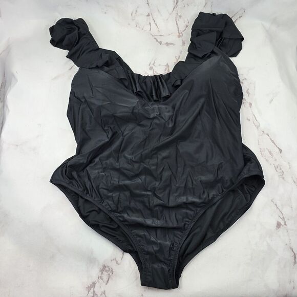 J Crew Swim 24 3X Black One Piece Scoop Back Bikini Ruffle Full Coverage BF169 - Picture 1 of 14